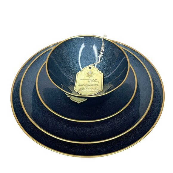 Turkish Glass 4 Salad Dessert Plates Set Blue Texture Gold Rim 8.25" NWT - Picture 4 of 11